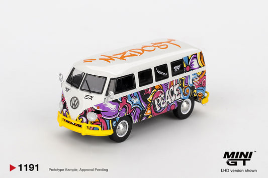 Front view of Volkswagen T1 Microbus Mizu Design 1:64 diecast model car by Mini GT with multicolour artwork (MGT01191)
