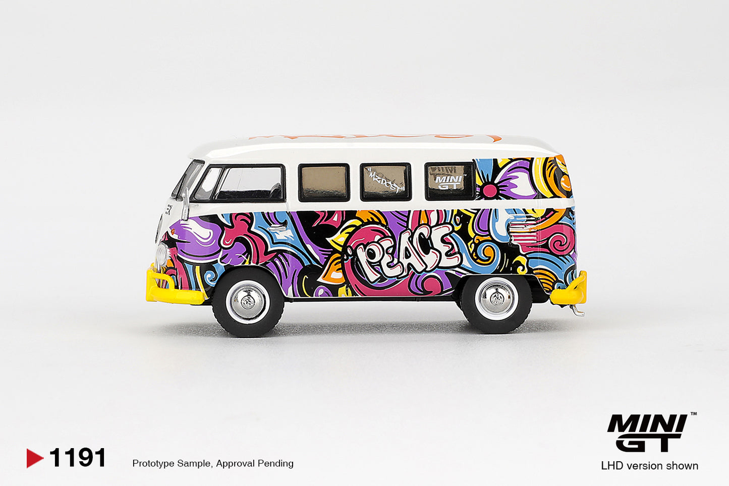 Side profile of Volkswagen T1 Microbus Mizu Design 1:64 scale model car showing the PEACE artwork along the body (MGT01191)