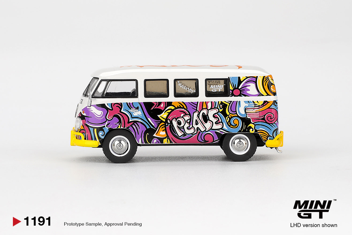 Side profile of Volkswagen T1 Microbus Mizu Design 1:64 scale model car showing the PEACE artwork along the body (MGT01191)