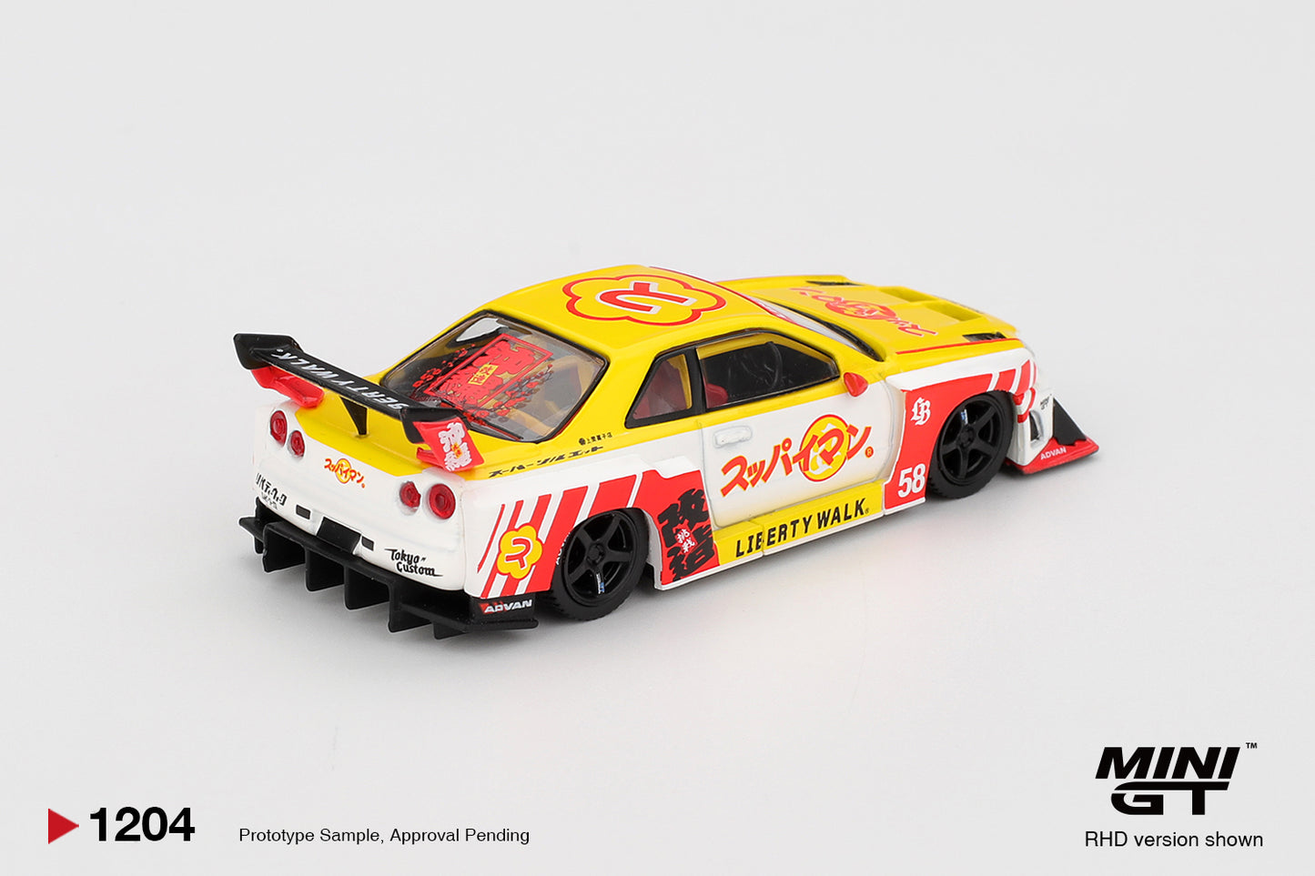 Rear view of Nissan LB-ER34 Super Silhouette Skyline Suppaiman Okinawa 1:64 diecast showing the Liberty Walk rear wing and diffuser (MGT01204)