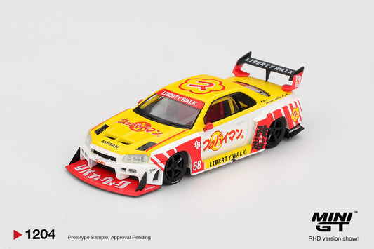 Front view of Nissan LB-ER34 Super Silhouette Skyline Suppaiman Okinawa 1:64 diecast model car by Mini GT (MGT01204)