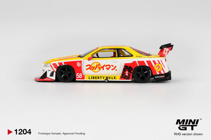 Side profile of Nissan LB-ER34 Super Silhouette Skyline Suppaiman Okinawa 1:64 scale model car in yellow, red and white Suppaiman livery (MGT01204)