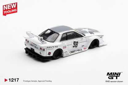 Rear view of Nissan Skyline GT-R R32 LB-Kaido Works TAS 2025 1:64 diecast showing the Liberty Walk rear wing and diffuser (MGT01217)