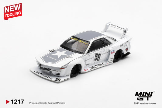Front view of Nissan Skyline GT-R R32 LB-Kaido Works TAS 2025 white 1:64 diecast model car by Mini GT (MGT01217)