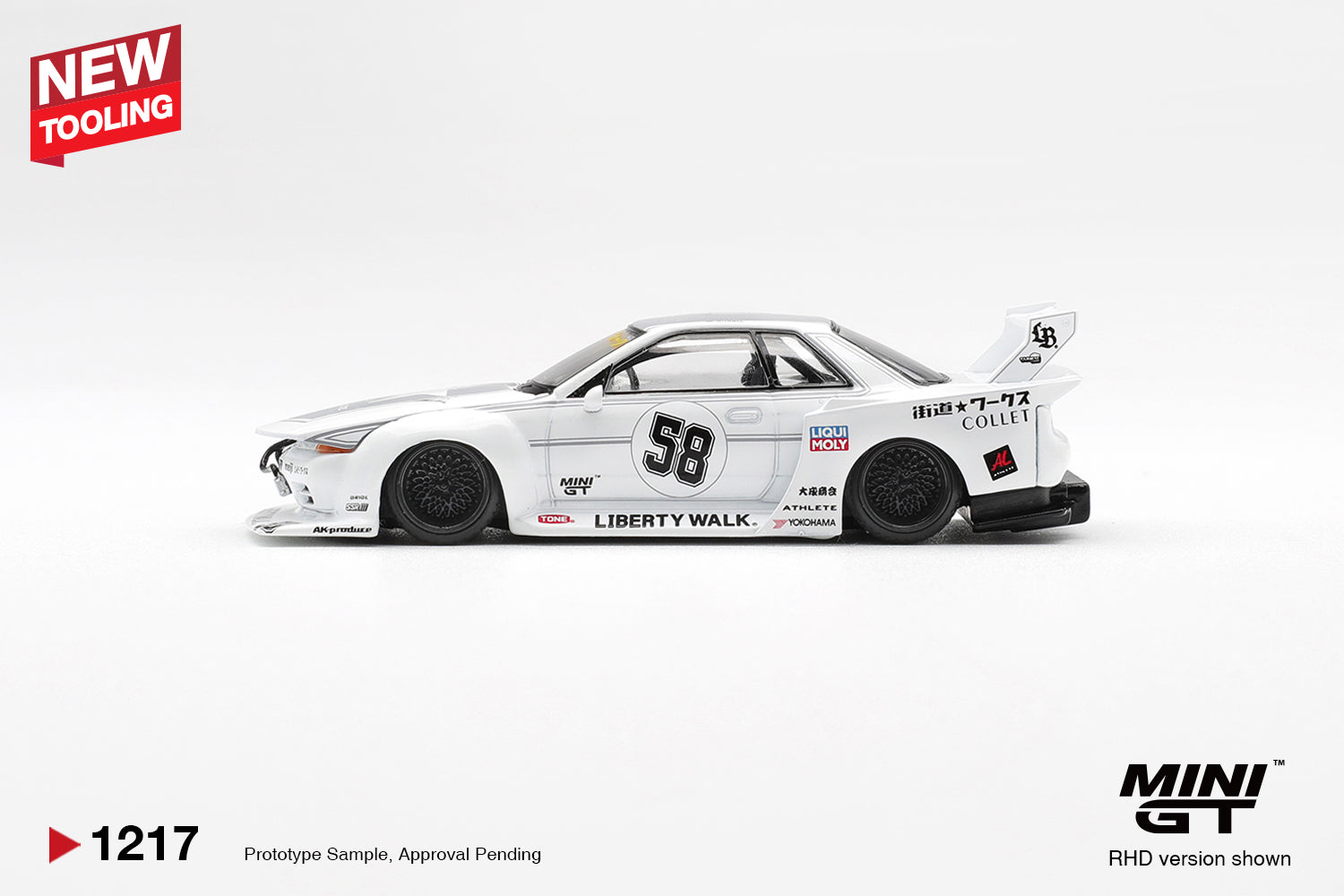 Side profile of Nissan Skyline GT-R R32 LB-Kaido Works TAS 2025 white 1:64 scale model car with number 58 livery (MGT01217)