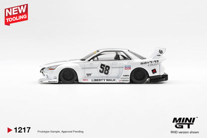 Side profile of Nissan Skyline GT-R R32 LB-Kaido Works TAS 2025 white 1:64 scale model car with number 58 livery (MGT01217)