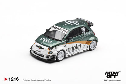 Front three-quarter view of Abarth 595 LB-WORKS TY Edition green and white 1:64 diecast model car by Mini GT with race number 59 (MGT01216)