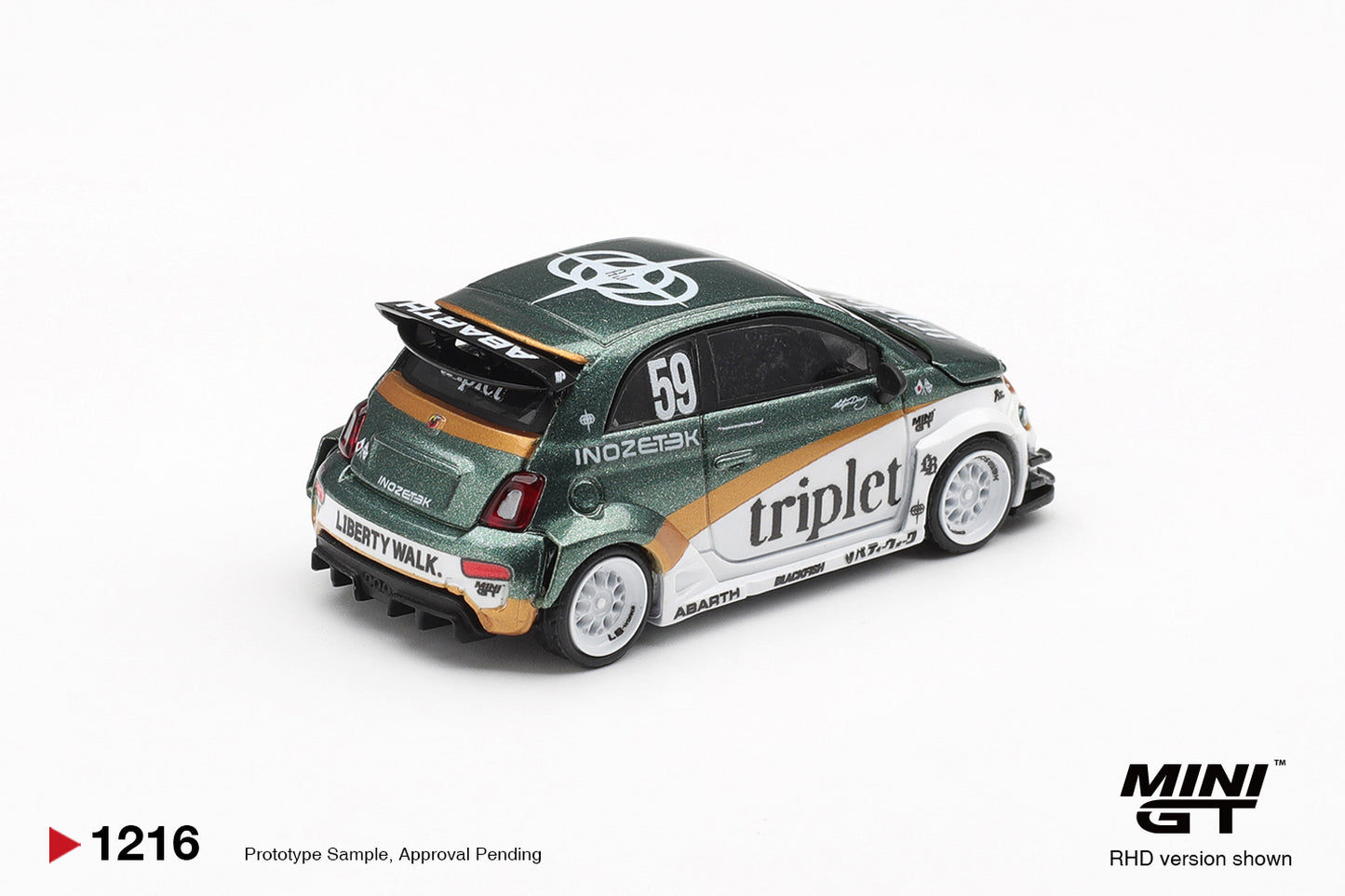 Rear three-quarter view of Abarth 595 LB-WORKS TY Edition 1:64 diecast showing the large rear wing and Liberty Walk over-fenders (MGT01216)