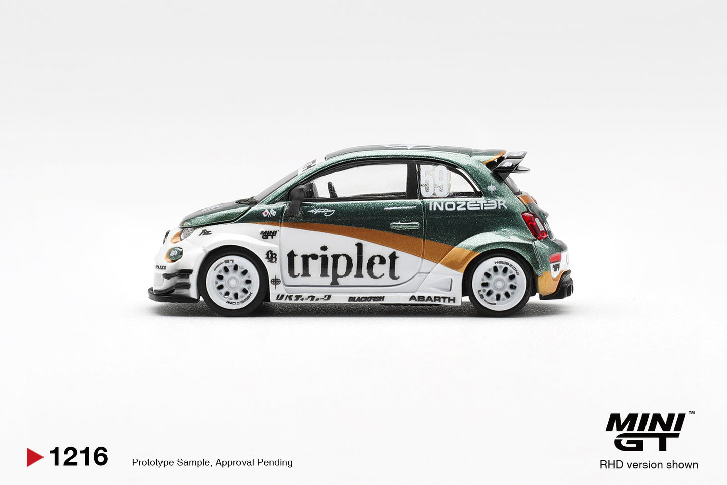 Side profile of Abarth 595 LB-WORKS TY Edition 1:64 scale model car showing the triplet livery, gold stripe and deep-dish white wheels (MGT01216)