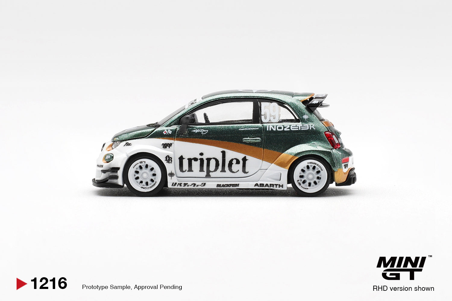 Side profile of Abarth 595 LB-WORKS TY Edition 1:64 scale model car showing the triplet livery, gold stripe and deep-dish white wheels (MGT01216)