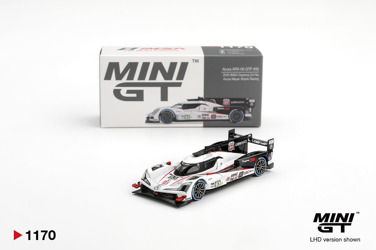 Mini GT Acura ARX-06 GTP #93 Acura Meyer Shank Racing 2025 IMSA Daytona 24 Hrs 1:64 scale diecast model car shown with its Mini GT collector box