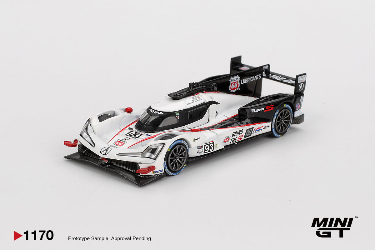 Mini GT Acura ARX-06 GTP #93 white and black 1:64 scale diecast model car, front three-quarter view showing the red dive planes and Acura nose badge