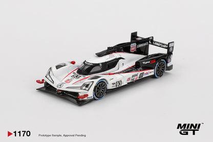 Mini GT Acura ARX-06 GTP #93 white and black 1:64 scale diecast model car, front three-quarter view showing the red dive planes and Acura nose badge