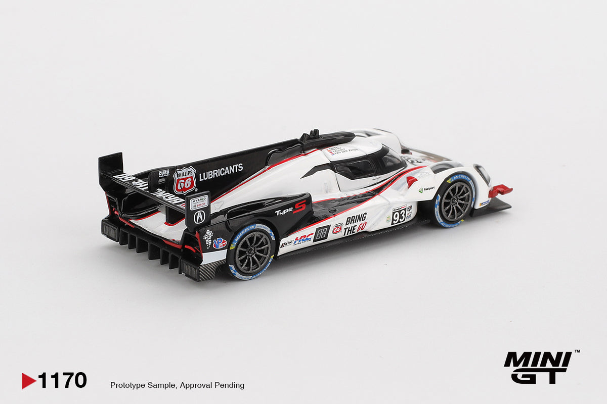 Mini GT Acura ARX-06 GTP #93 white and black 1:64 scale diecast model car, rear three-quarter view showing the Phillips 66 engine cover and rear wing
