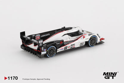 Mini GT Acura ARX-06 GTP #93 white and black 1:64 scale diecast model car, rear three-quarter view showing the Phillips 66 engine cover and rear wing