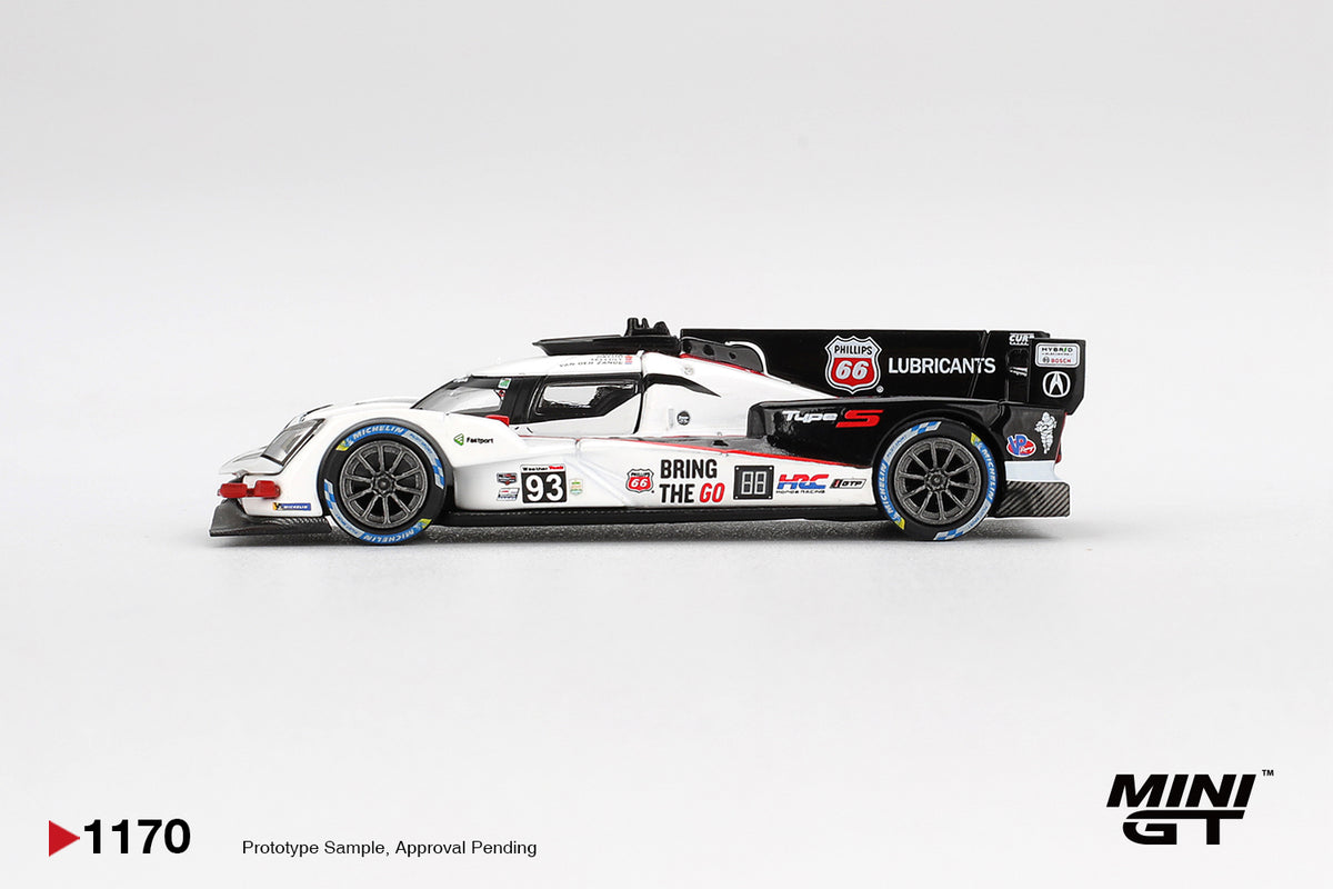 Mini GT Acura ARX-06 GTP #93 white and black 1:64 scale diecast model car, side profile showing the #93 panel and BRING THE GO decals