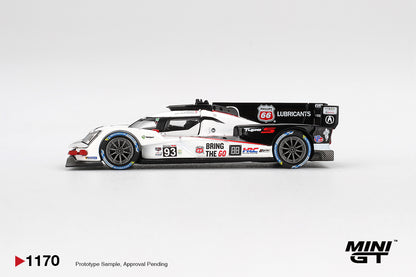 Mini GT Acura ARX-06 GTP #93 white and black 1:64 scale diecast model car, side profile showing the #93 panel and BRING THE GO decals