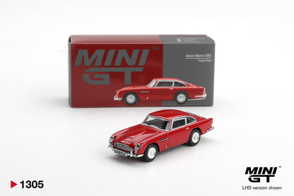 Mini GT Aston Martin DB5 Fiesta Red 1:64 scale diecast model car with its Mini GT collector box