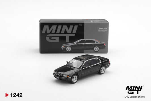 Mini GT BMW 750iL black sapphire 1:64 scale diecast model car shown with its Mini GT collector box