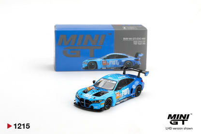 Mini GT BMW M4 GT3 EVO #90 FIST Team AAI 2025 China GT blue 1:64 scale diecast model car shown with its Mini GT collector box