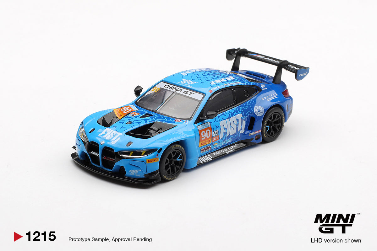 Mini GT BMW M4 GT3 EVO #90 FIST Team AAI 2025 China GT blue 1:64 scale diecast model car, front three-quarter view showing the vented bonnet and China GT windscreen banner