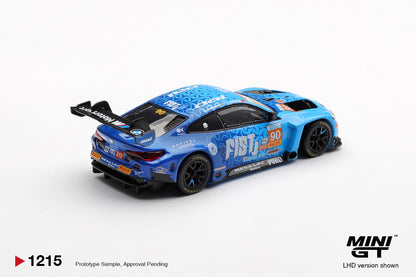 Mini GT BMW M4 GT3 EVO #90 FIST Team AAI 2025 China GT blue 1:64 scale diecast model car, rear three-quarter view showing the swan-neck rear wing