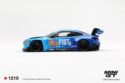 Mini GT BMW M4 GT3 EVO #90 FIST Team AAI 2025 China GT blue 1:64 scale diecast model car, side profile showing the #90 door roundel and sponsor decals