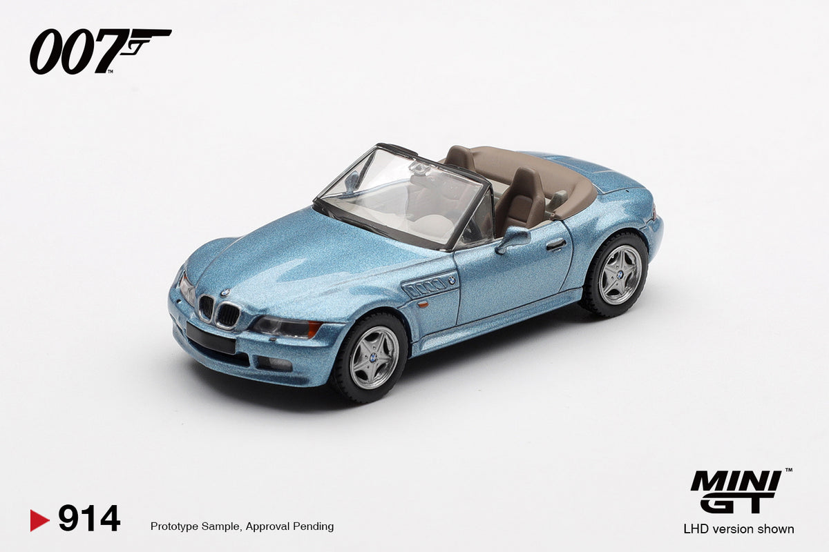 Mini GT BMW Z3 GoldenEye 007 Atlanta Blue 1:64 scale diecast model car, front three-quarter view showing the twin-kidney grille and round headlamps