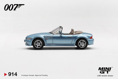 Mini GT BMW Z3 GoldenEye 007 Atlanta Blue 1:64 scale diecast model car, side profile showing the long-bonnet roadster stance and chrome five-spoke wheels