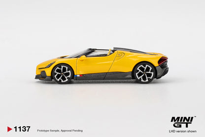 Mini GT Bugatti W16 Mistral yellow 1:64 scale diecast model car, side profile showing the exposed carbon fibre sills and yellow-faced multi-spoke wheels