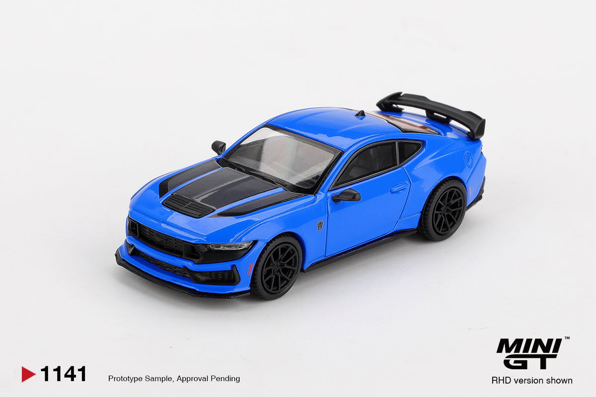 Mini GT Ford Mustang Dark Horse 2024 Grabber Blue 1:64 scale diecast model car, front three-quarter view showing the gloss black hood and blacked-out grille