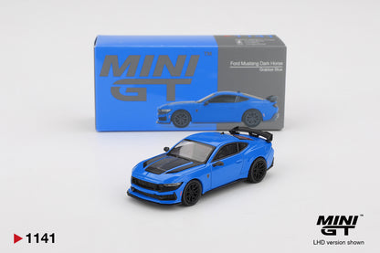 Mini GT Ford Mustang Dark Horse 2024 Grabber Blue 1:64 scale diecast model car shown beside its printed Mini GT collector box