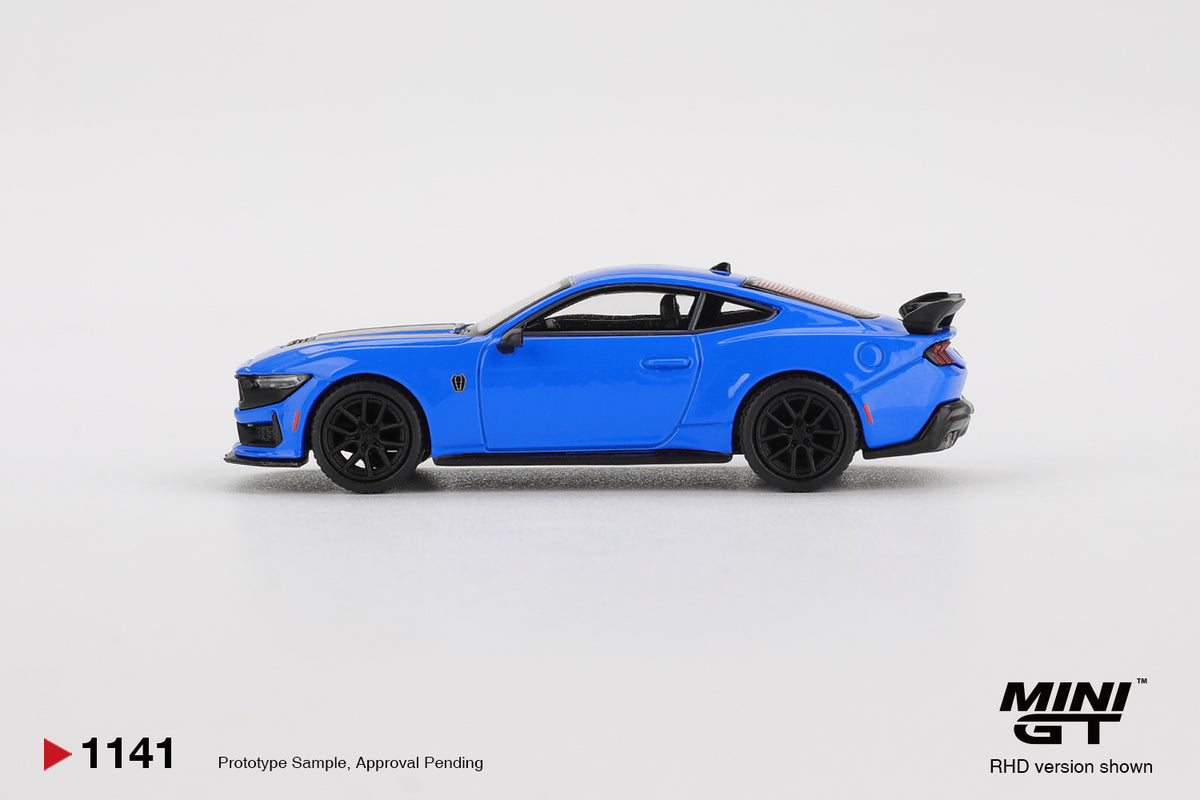 Mini GT Ford Mustang Dark Horse 2024 Grabber Blue 1:64 scale diecast model car, side profile showing the black roof panel and black multi-spoke wheels