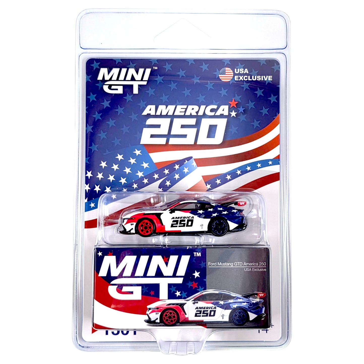 Mini GT Ford Mustang GTD America 250 USA Exclusive white red blue 1:64 scale diecast model car in blister packaging with the printed collector box