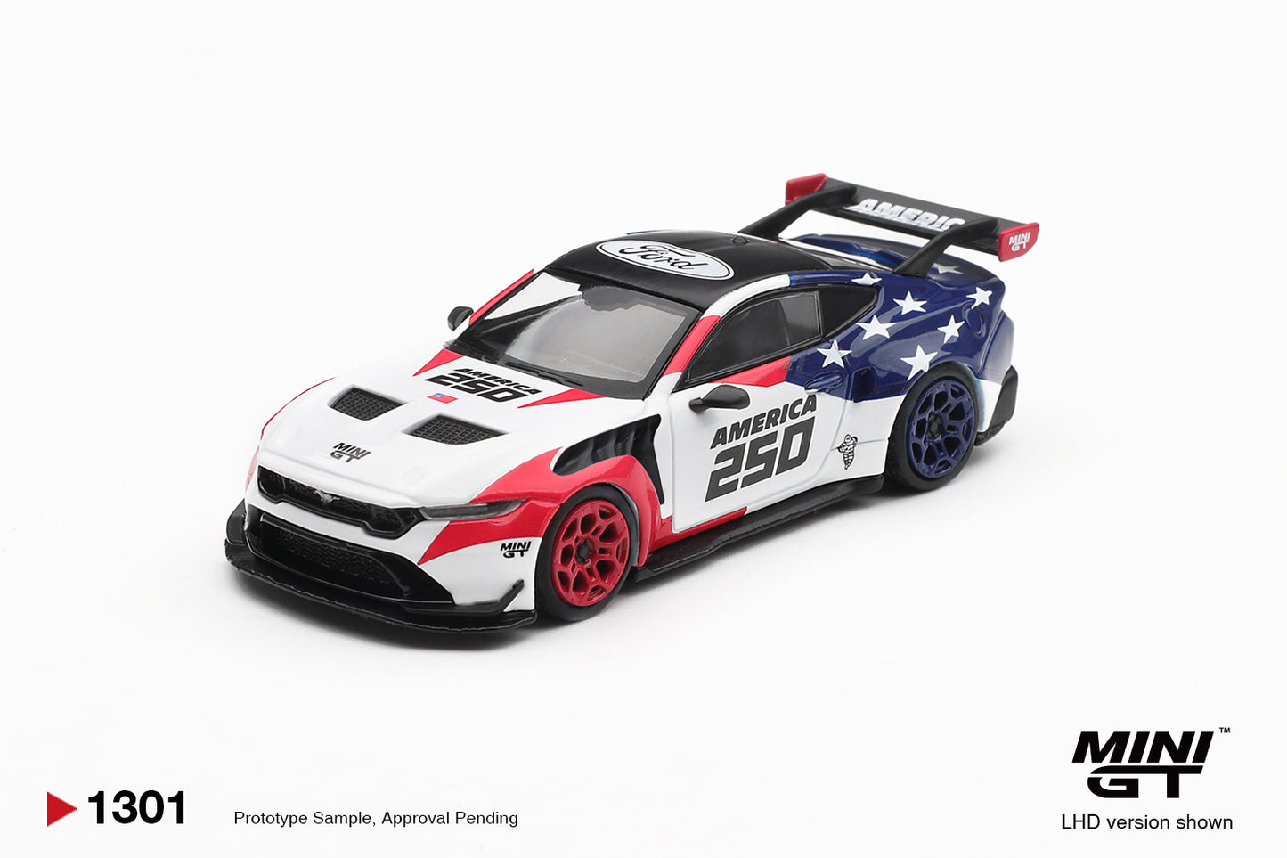 Mini GT Ford Mustang GTD America 250 USA Exclusive white red blue 1:64 scale diecast model car, front three-quarter view showing the black roof with Ford oval and red front wheels