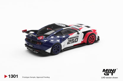 Mini GT Ford Mustang GTD America 250 USA Exclusive white red blue 1:64 scale diecast model car, rear three-quarter view showing the star-field rear quarter and swan-neck wing