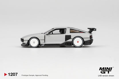 Mini GT Hyundai Concept N Vision 74 (VP2) silver 1:64 scale diecast model car, side profile showing the wedge shape and side intakes behind the doors