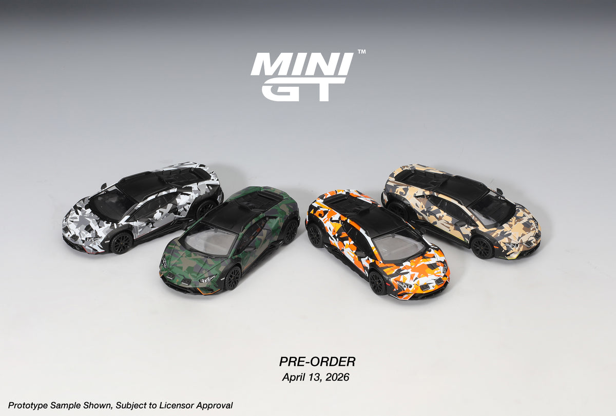 Mini GT Lamborghini Huracan Sterrato All-Terrain 4 car set 1:64 scale diecast model cars, all four camouflage liveries shown together