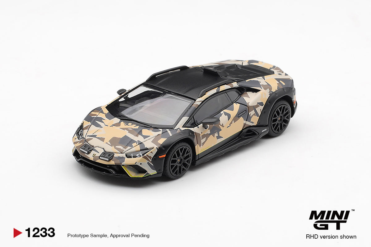 Mini GT Lamborghini Huracan Sterrato desert tan camouflage 1:64 scale diecast model car from the All-Terrain set, front three-quarter view showing the black hood and off-road wheels
