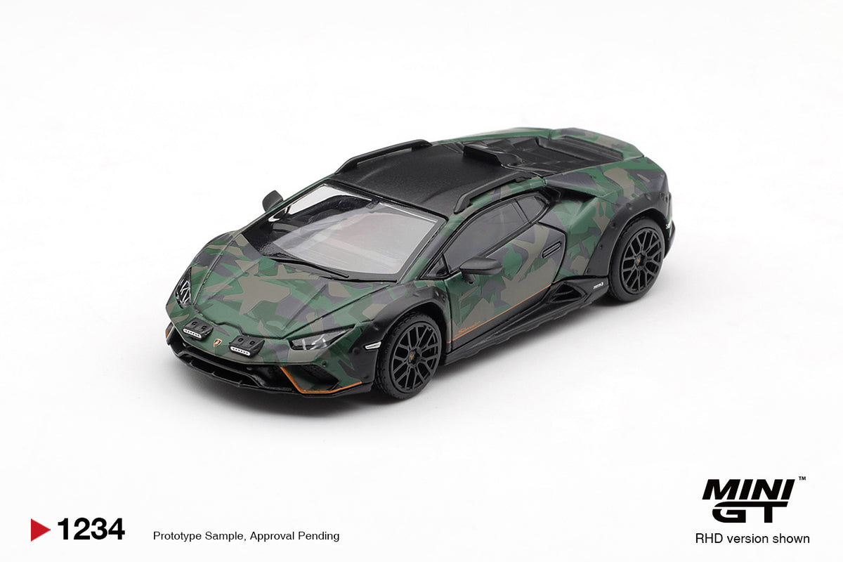 Mini GT Lamborghini Huracan Sterrato woodland green camouflage 1:64 scale diecast model car from the All-Terrain set, front three-quarter view showing the raised stance and roof intake