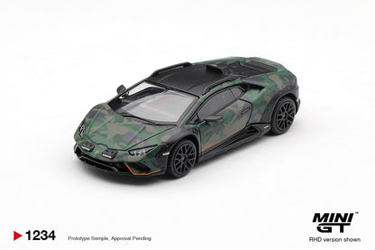 Mini GT Lamborghini Huracan Sterrato woodland green camouflage 1:64 scale diecast model car from the All-Terrain set, front three-quarter view showing the raised stance and roof intake