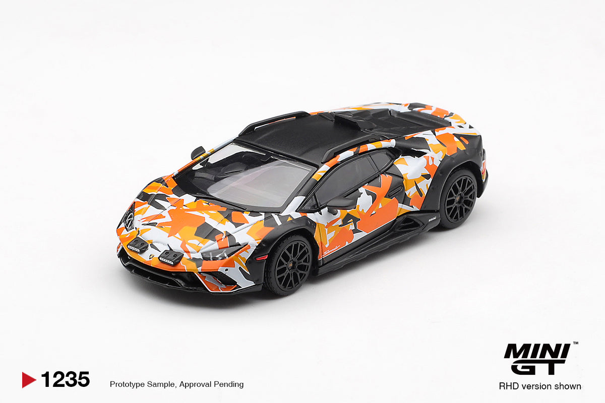 Mini GT Lamborghini Huracan Sterrato orange camouflage 1:64 scale diecast model car from the All-Terrain set, front three-quarter view showing the black roof and arch cladding