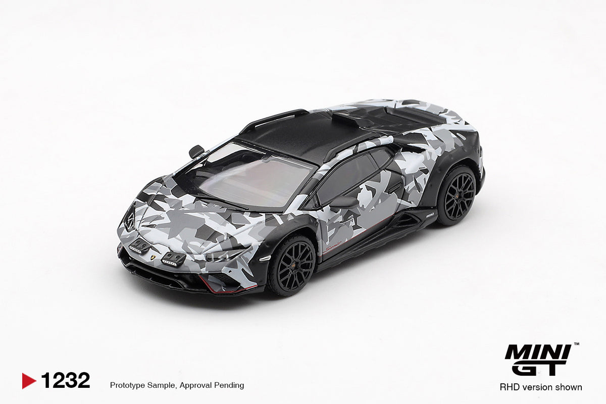 Mini GT Lamborghini Huracan Sterrato urban grey and white camouflage 1:64 scale diecast model car from the All-Terrain set, front three-quarter view showing the roof air intake and black arch cladding