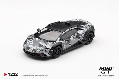 Mini GT Lamborghini Huracan Sterrato urban grey and white camouflage 1:64 scale diecast model car from the All-Terrain set, front three-quarter view showing the roof air intake and black arch cladding