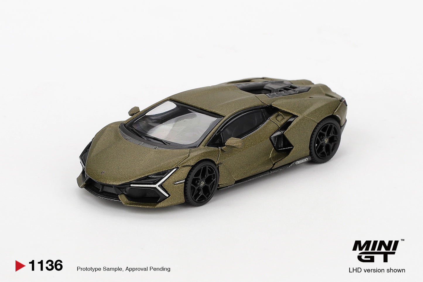 Front three-quarter view of Lamborghini Revuelto Verde Gea Matte 1:64 diecast model car by Mini GT (MGT01136)