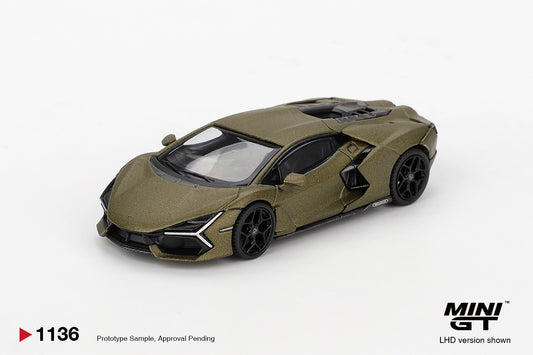 Front three-quarter view of Lamborghini Revuelto Verde Gea Matte 1:64 diecast model car by Mini GT (MGT01136)