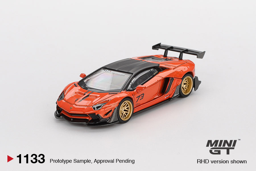 Front three-quarter view of LB★WORKS Lamborghini Aventador Limited Edition Orange MDX 2025 1:64 diecast model car by Mini GT with gold wheels (MGT01133)