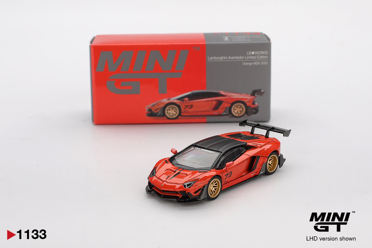 LB★WORKS Lamborghini Aventador orange MDX 2025 1:64 diecast model car by Mini GT with its collector box packaging (MGT01133)