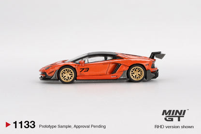 Side profile of LB★WORKS Lamborghini Aventador orange MDX 2025 1:64 scale model car showing the number 73 door graphics and riveted overfenders (MGT01133)