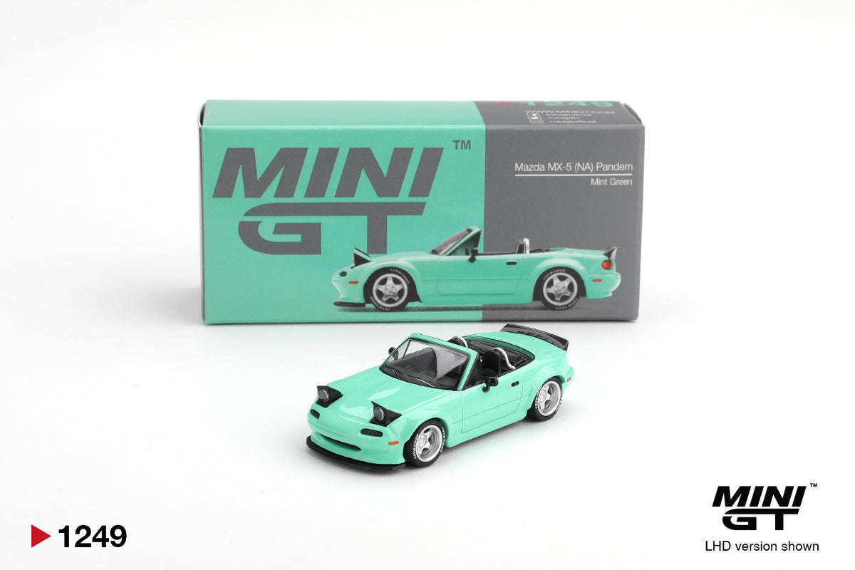 Mini GT Mazda MX-5 (NA) Pandem mint green 1:64 scale diecast model car shown with its Mini GT collector box
